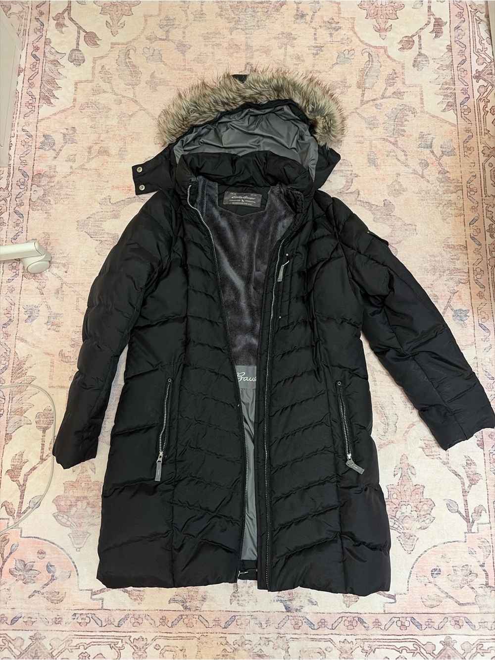 Eddie Bauer Black Long Puffer Coat with Faux Fur Trim Hood